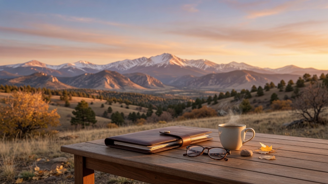 Leather portfolio, reading glasses, and coffee on a wooden table overlooking snow-capped Colorado Front Range mountains at sunset