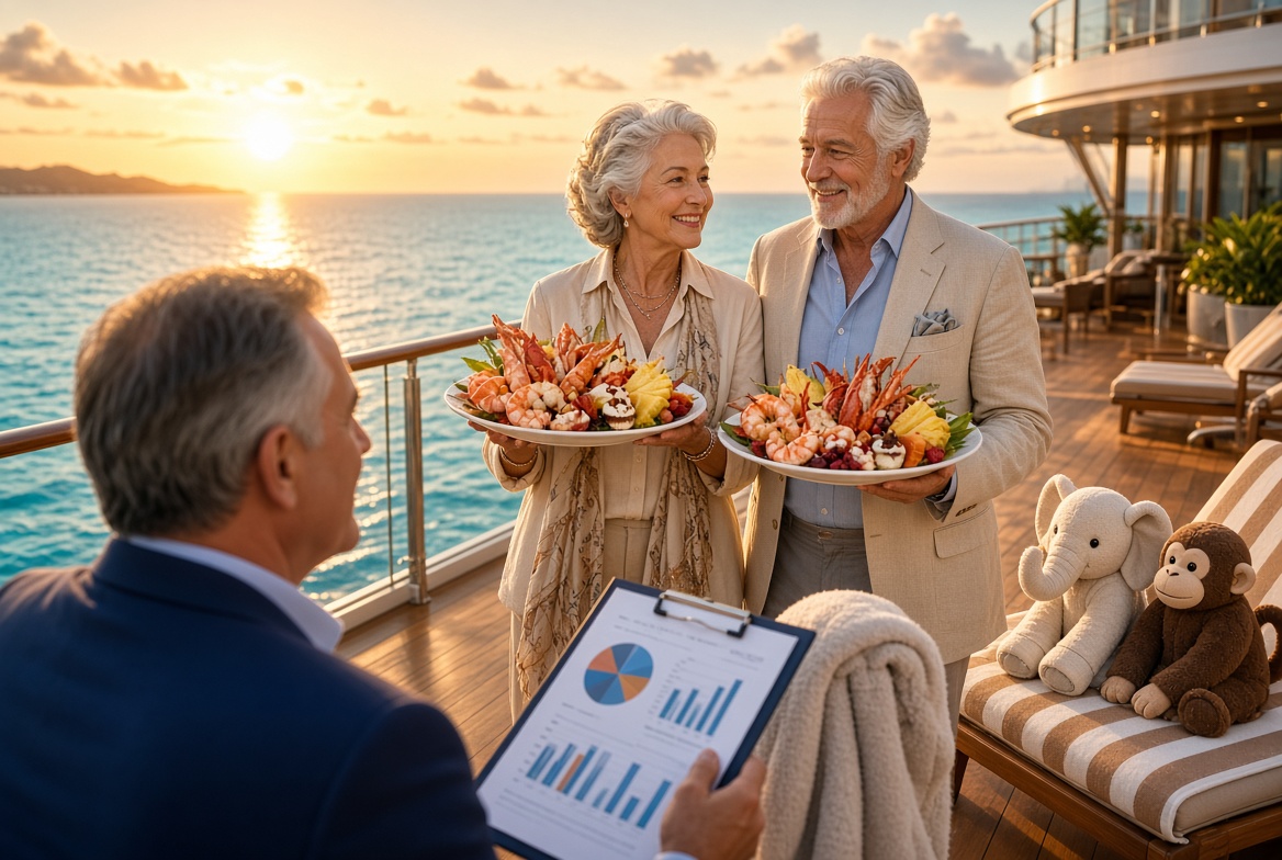 Retired couple on a cruise ship deck at sunset holding seafood platters while a financial planner reviews retirement charts on a clipboard